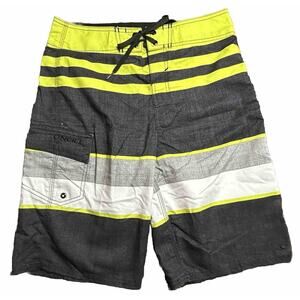 O'Neill Board Shorts Men’s Size 28 Grey/Yellow Striped Swim Surf Casual Beach